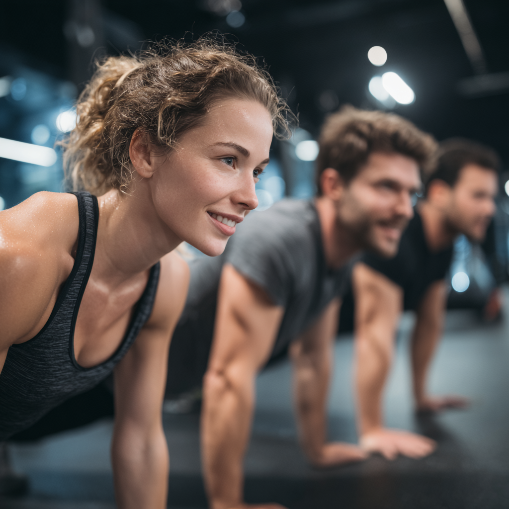 Dorosły Polak w średnim wieku demonstruje prawidłową technikę ćwiczeń podczas zajęć fitness, uśmiechnięty i skoncentrowany